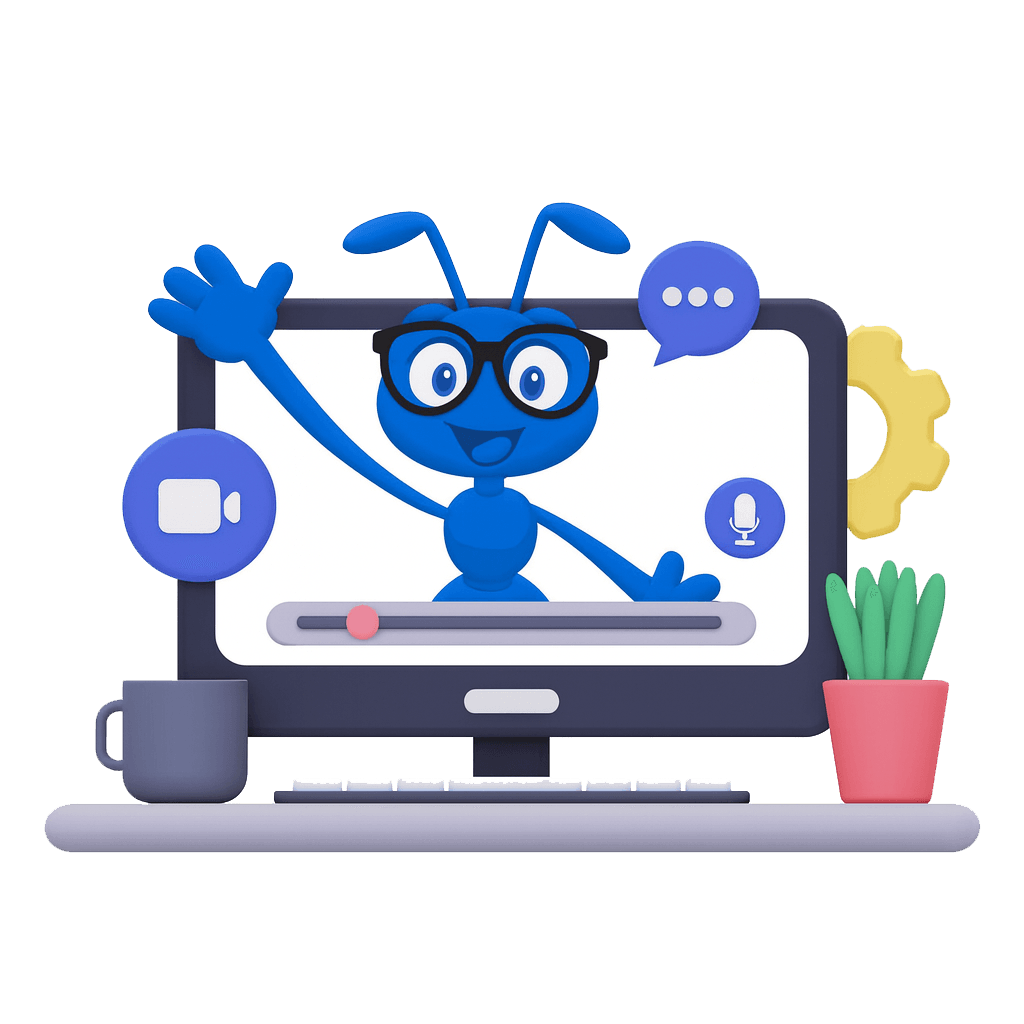 Zarpra's blue ant waving from a video call on a desktop monitor