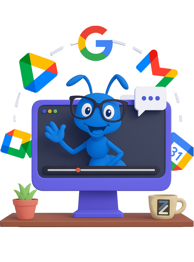 Zarpra ant waving from a Google Workspace monitor surrounded by Google app icons