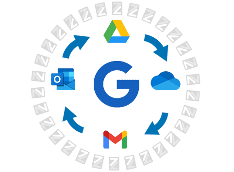 Illustration representing a migration from Google Workspace to Microsoft 365, featuring Google Workspace icons such as Gmail and Google Drive transitioning to Microsoft 365 icons like Outlook and OneDrive.