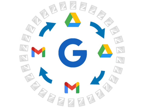 Illustration representing a Google Workspace tenant-to-tenant migration, featuring Google Workspace icons such as Gmail and Google Drive being transferred between different environments.