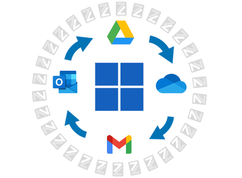 Illustration representing a migration from Microsoft 365 to Google Workspace, featuring Microsoft 365 icons such as Outlook and OneDrive transitioning to Google Workspace icons like Gmail and Google Drive.