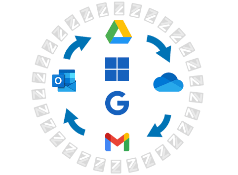 Illustration representing a Microsoft 365 hybrid migration, featuring Microsoft 365 icons, such as Outlook and OneDrive, connected in a hybrid cloud environment.