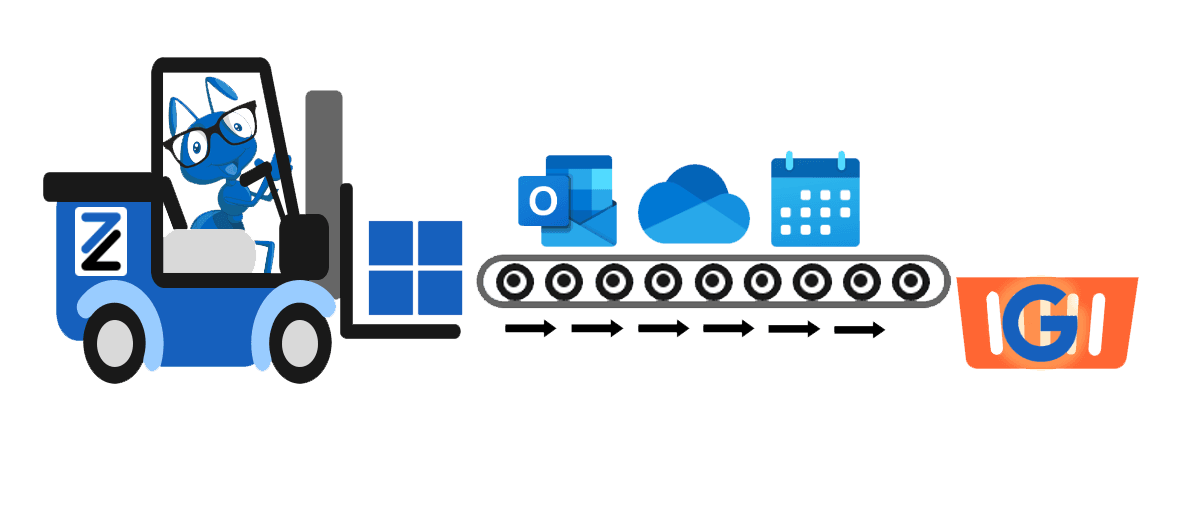 Illustration of Microsoft 365 icons, including Outlook and OneDrive, being carried by ants toward Google Workspace icons, representing migration from Microsoft 365 to Google Workspace.