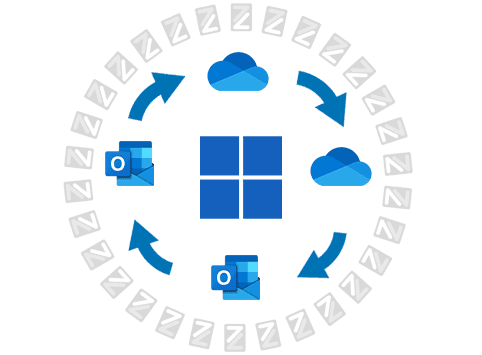 Illustration representing a Microsoft 365 tenant-to-tenant migration, featuring Microsoft 365 icons such as Outlook and OneDrive being transferred between different environments.